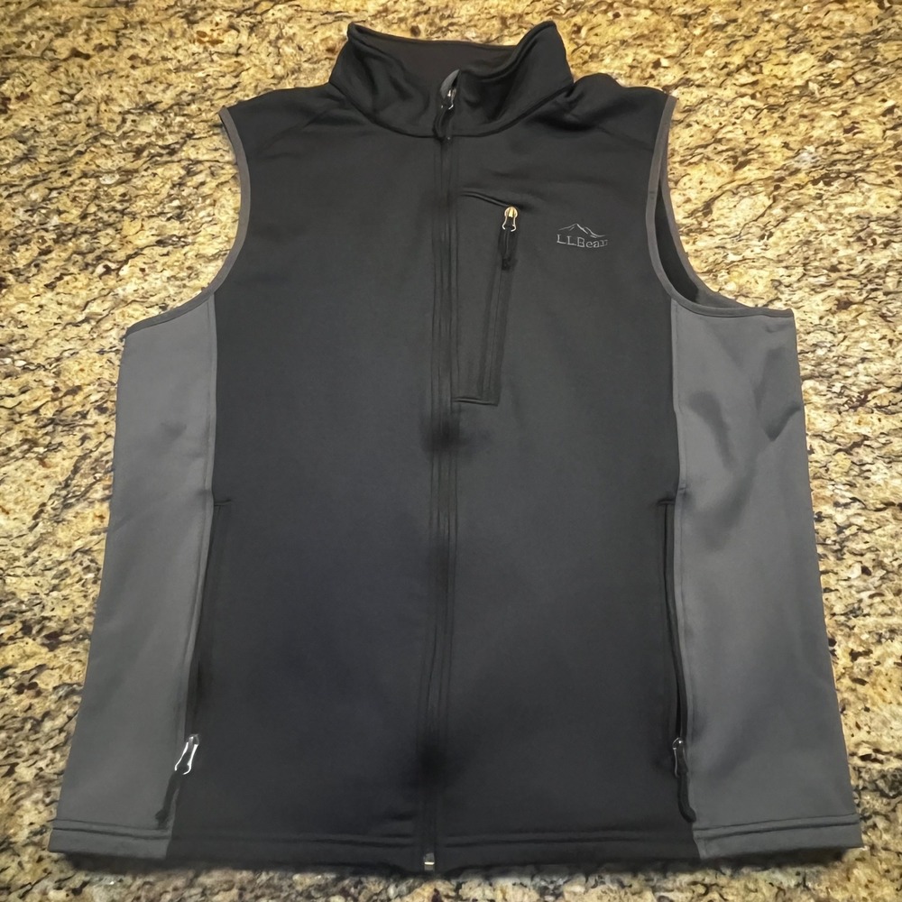 LL Bean Discovery Softshell Vest Mens XL Black Gray Full Zip Fleece Lined